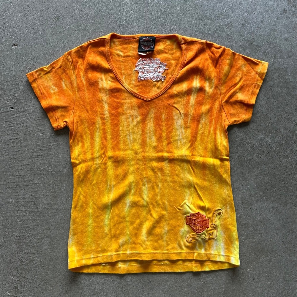 Vintage Harley Davidson Shirt Womens Small Orange Yellow Tie Dye Grand Rapids Mi